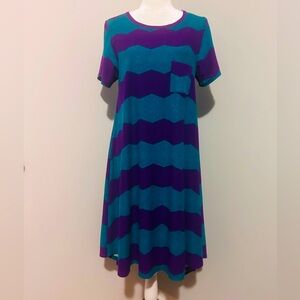 LulaRoe Carly Swing Teal and Purple Striped Dress, Size Small .